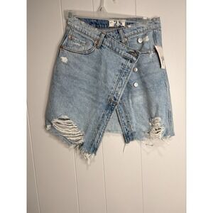 Free People Surfs Up Ripped Denim Skirt Blue Festival Western Button Fly Size 25